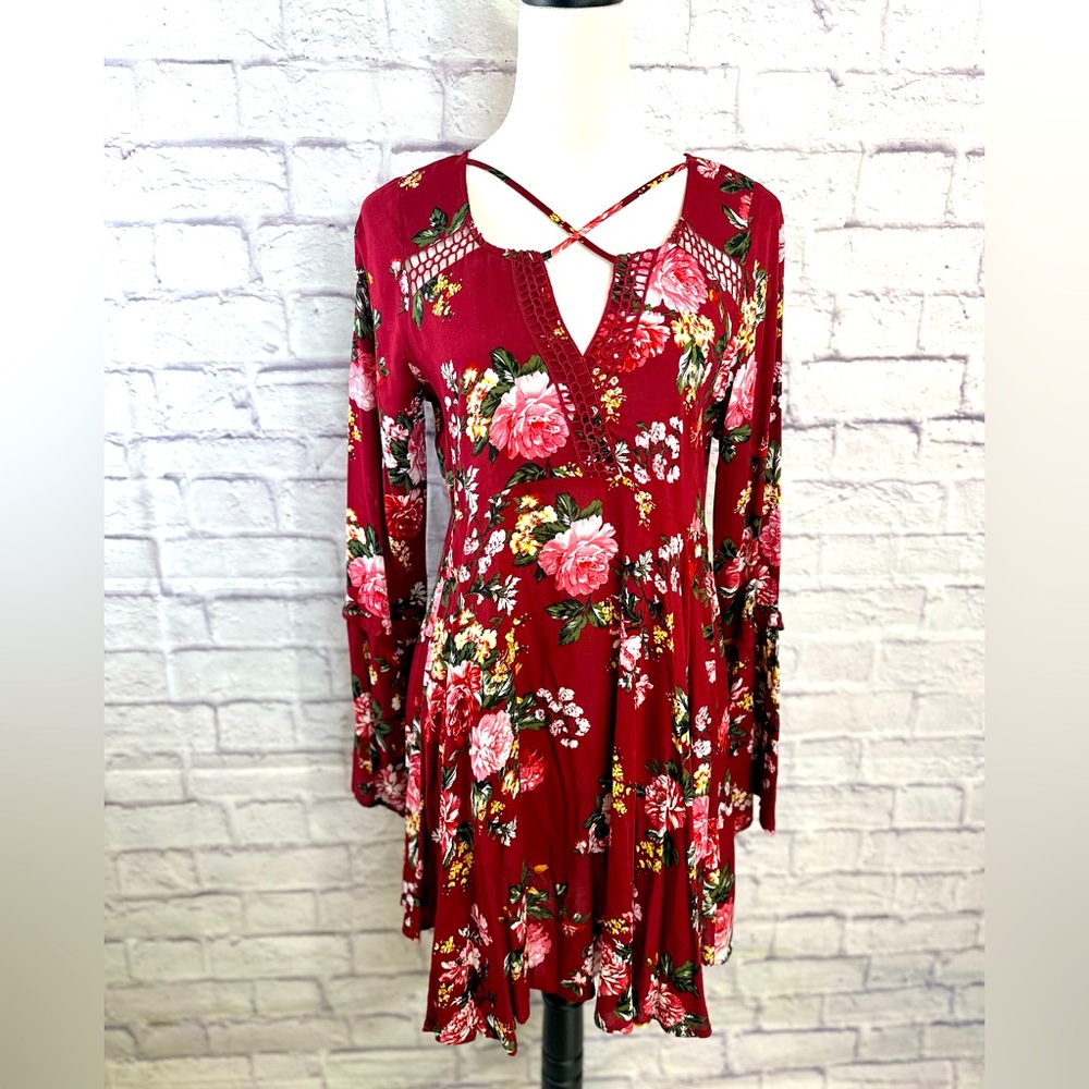 Umgee USA Burgundy Floral Boho Mini Dress‎ – Size Small NWT